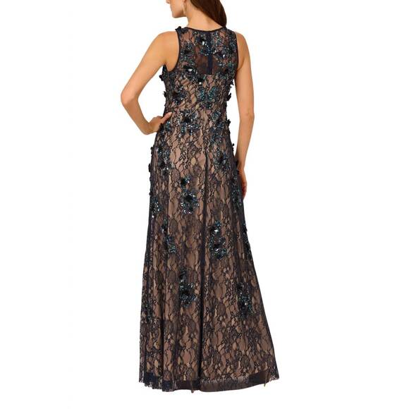 NEW ADRIANNA PAPELL sequin lace overlay sheath gown dress in midnight multi nude - Picture 3 of 4